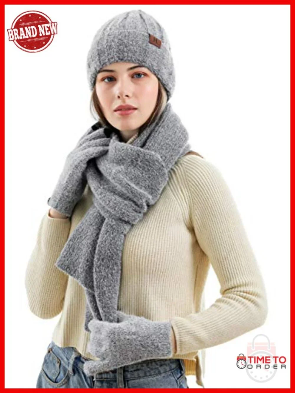 Winter Knit Beanie Hat Touchscreen Gloves Long Neck Scarf Set with Fleece Lined